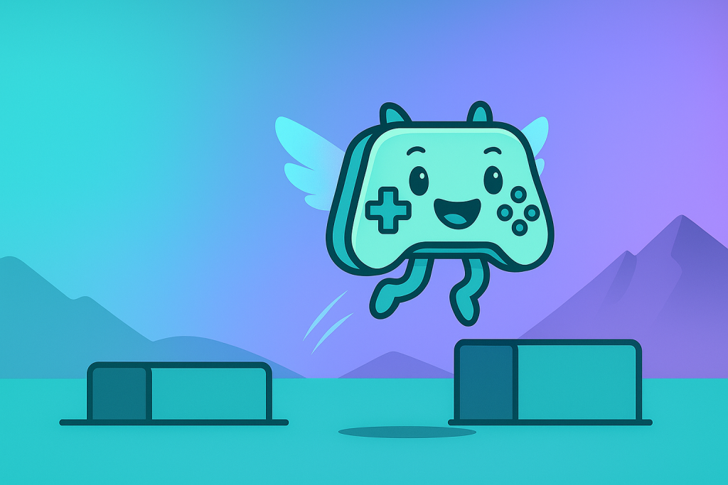 Der Gamifikator-Avatar Gamy springt mit leuchtenden Flügeln über futuristische Hindernisse – Symbol für Motivation, Fortschritt und persönliche Entwicklung.