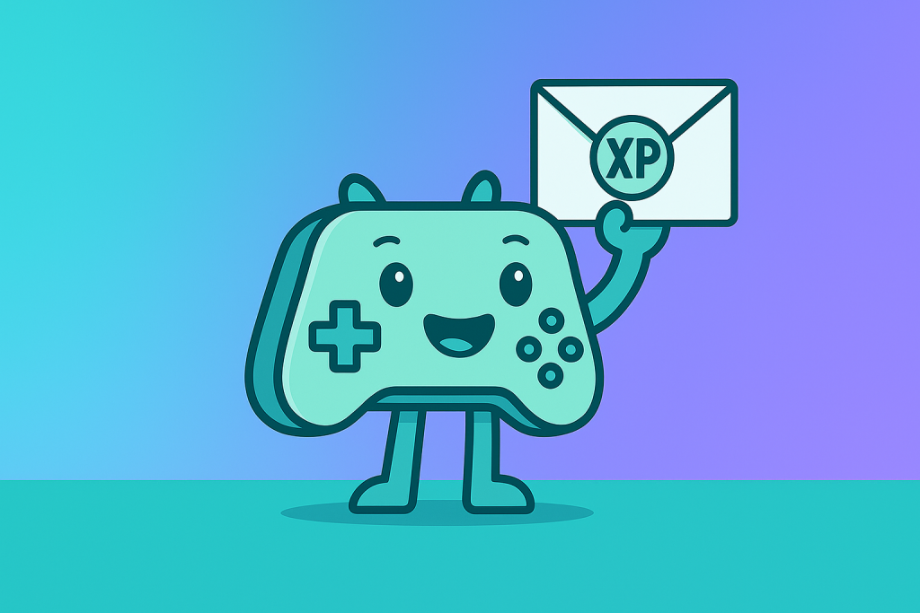 Der Gamifikator-Avatar Gamy steht fröhlich da und hält einen Brief hoch, aus dem leuchtende XP-Symbole aufsteigen – Sinnbild für Belohnungen und Motivation durch den Newsletter.