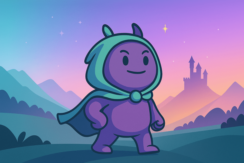 Das sympathische Maskottchen von Gamifikator startet seine Heldenreise und schaut motiviert in die Ferne