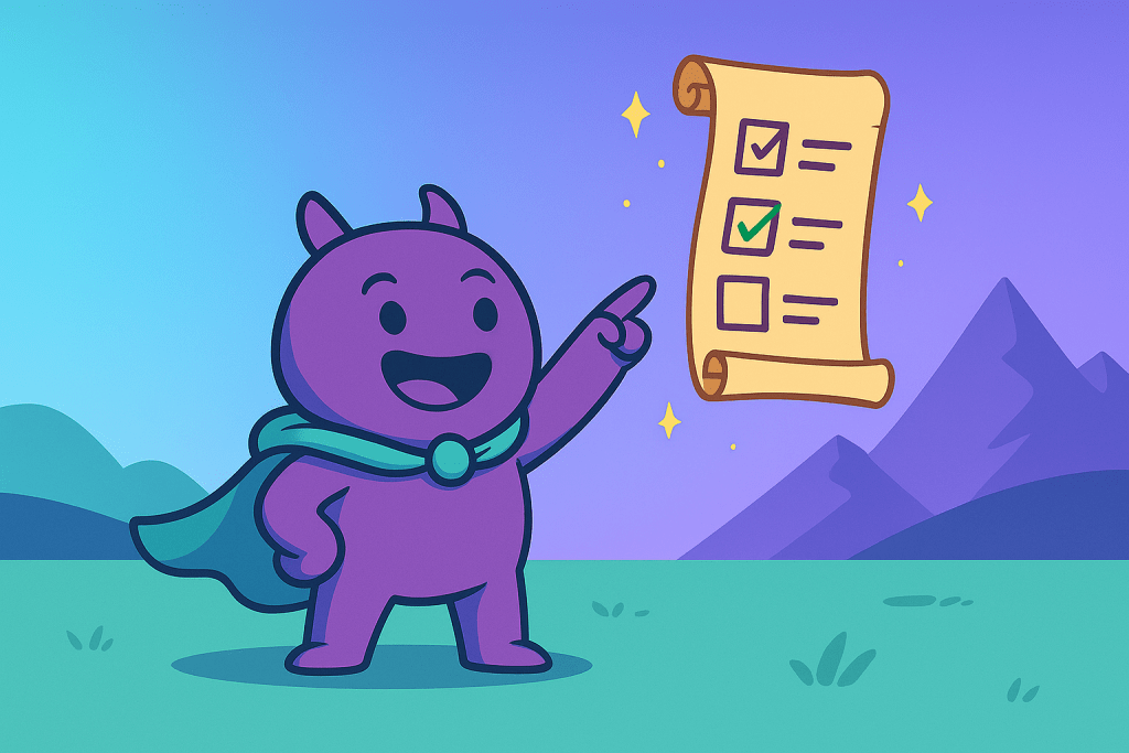 Gamy, das sympathische Maskottchen von Gamifikator, wählt eine Quest aus