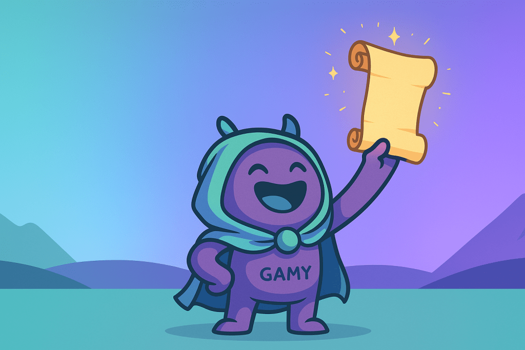 Das sympatische Gamifikator Maskottchen hält eine goldene Schriftrolle in die Höhe.