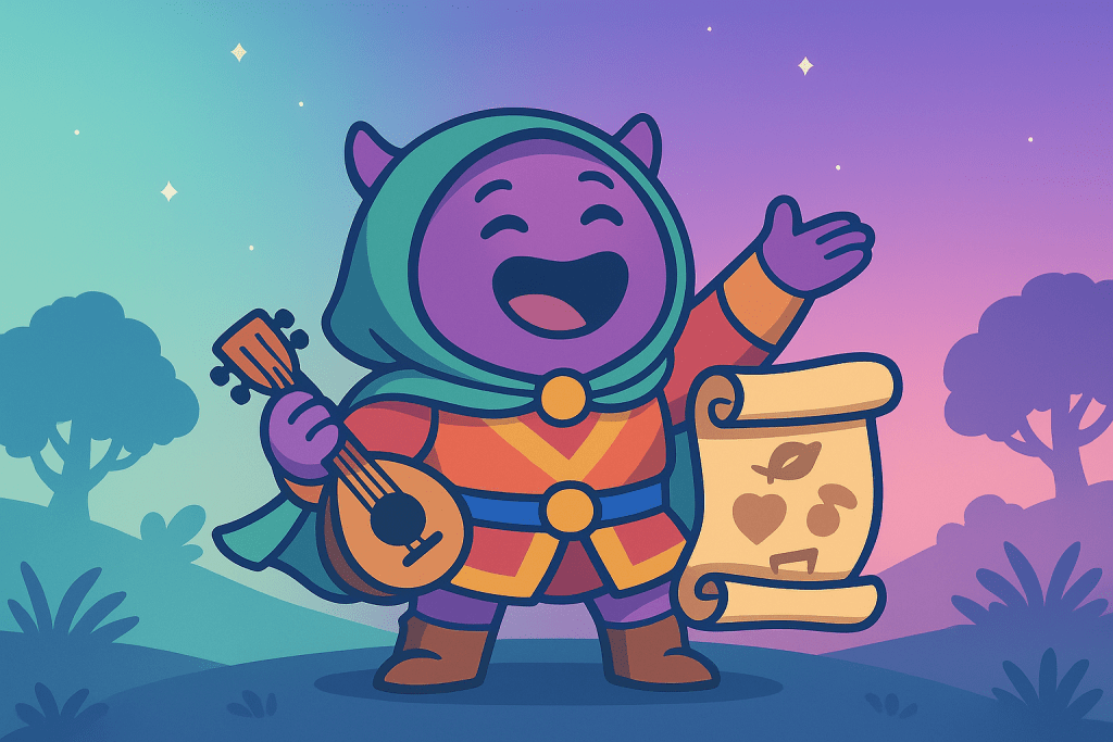 Gamy, das sympathische Maskottchen von Gamifikator, als Barde