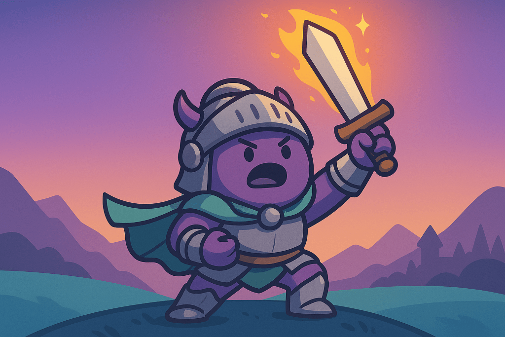 Gamy, das sympathische Maskottchen von Gamifikator als Krieger