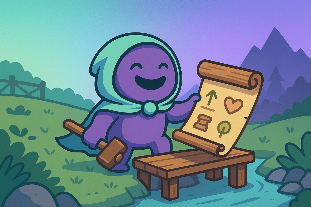 Gamy, das sympathische Maskottchen von Gamifikator, baut eine Brücke.