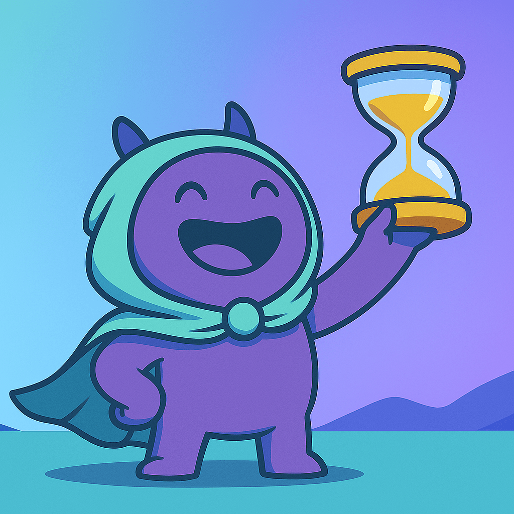 Gamy, das sympathische Maskottchen von Gamifikator, hält eine Sanduhr in den Händen