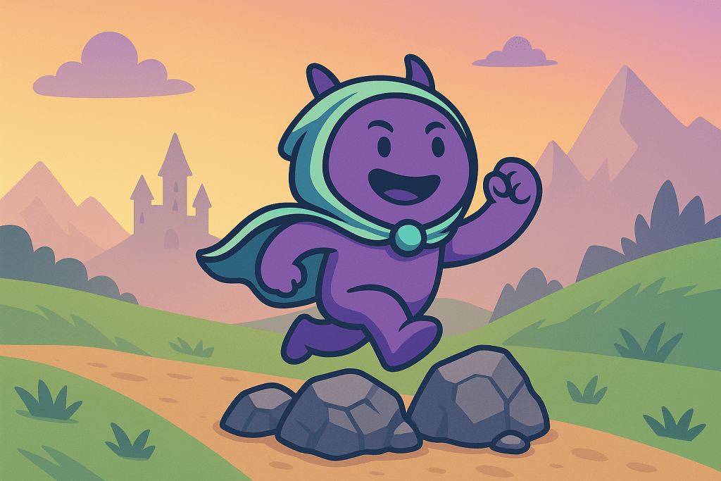 Das sympathische Gamifikator Maskottchen Gamy überwindet Hindernisse