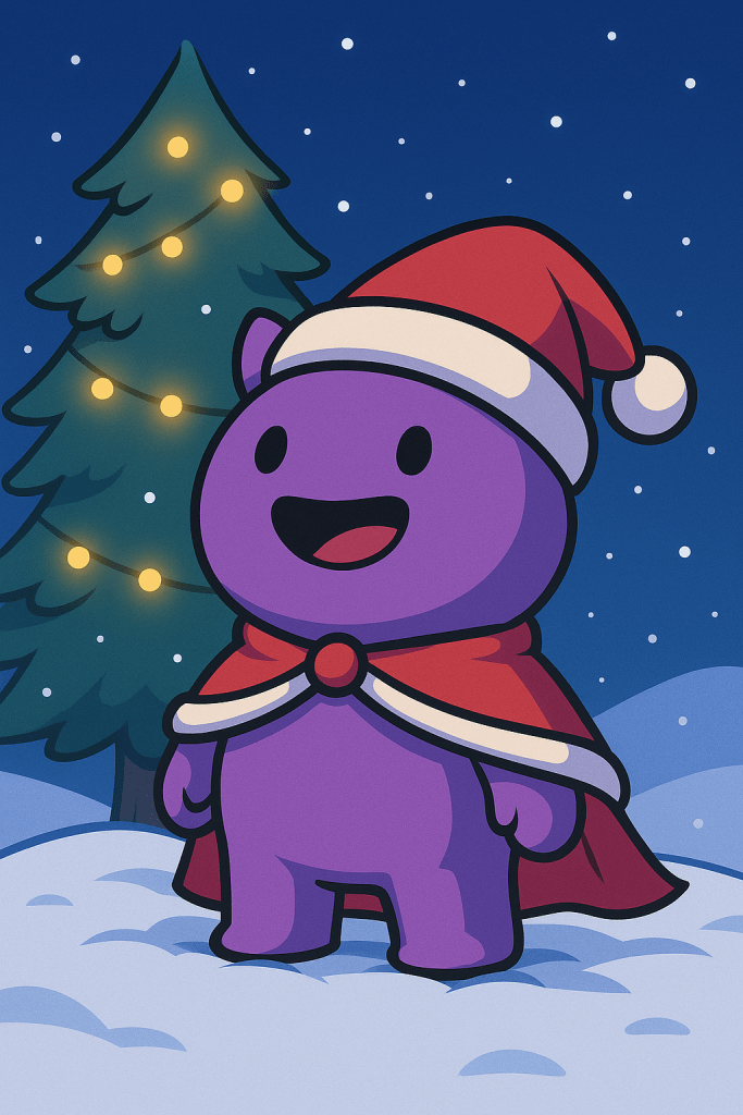 Der Gamy-Avatar steht lächelnd im verschneiten Winterwald vor einem leuchtenden Tannenbaum, trägt eine Weihnachtsmütze und einen roten Umhang.