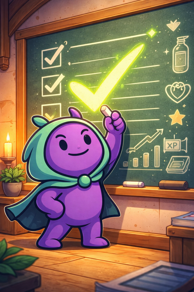 Der Gamifikator Avatar Gamy hakt etwas an einer Pinnwand ab.