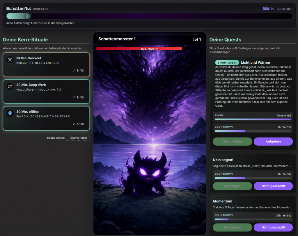 Das Dashboard von Gamifikator mit dem zu besiegenden Boss-Monster.
